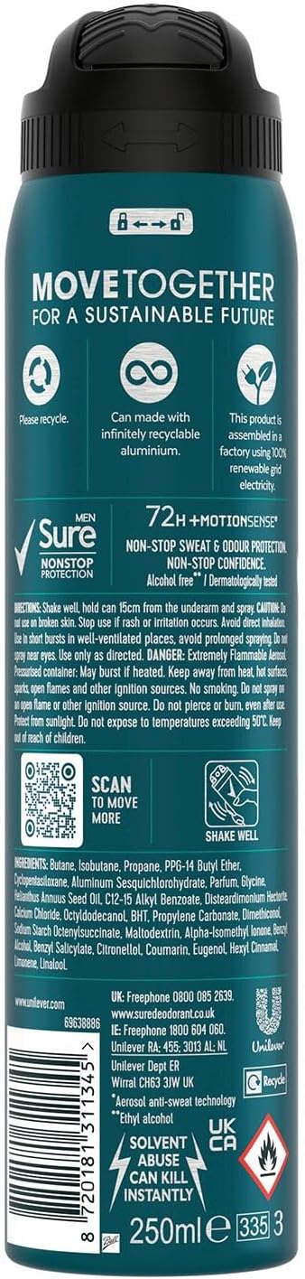 Sure Men Nonstop Protection Sensitive Deodorant Body Spray Antiperspirant with a clean fragrance &amp; body heat activated technology for 72 hour odour and sweat protection 250 ml, Pack of 6