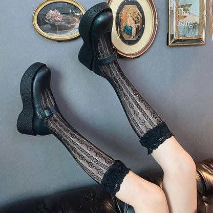 2 Pairs Knee High Lace Ruffle Socks for Women - Cute Frilly Stockings for Lolita, Sheer Fishnet Patterned Tube Socks for Ladies and Girls