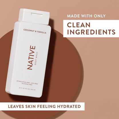 Native Shower Gel &amp; Body Wash for Women &amp; Men - Free of Sulphates &amp; Dyes - Coconut &amp; Vanilla Scent Body Soap - Gently Cleanses with Plant-Based ingredients (532ml)