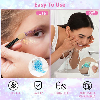 Body Glitter Gel, 12 Colours Face Glitter, Mermaid Sequins Hair Glitter, Chunky Glitters Sparkling Gel for Face, Eye, Body, Hair, Festival Party Makeup Decoration (Style B)