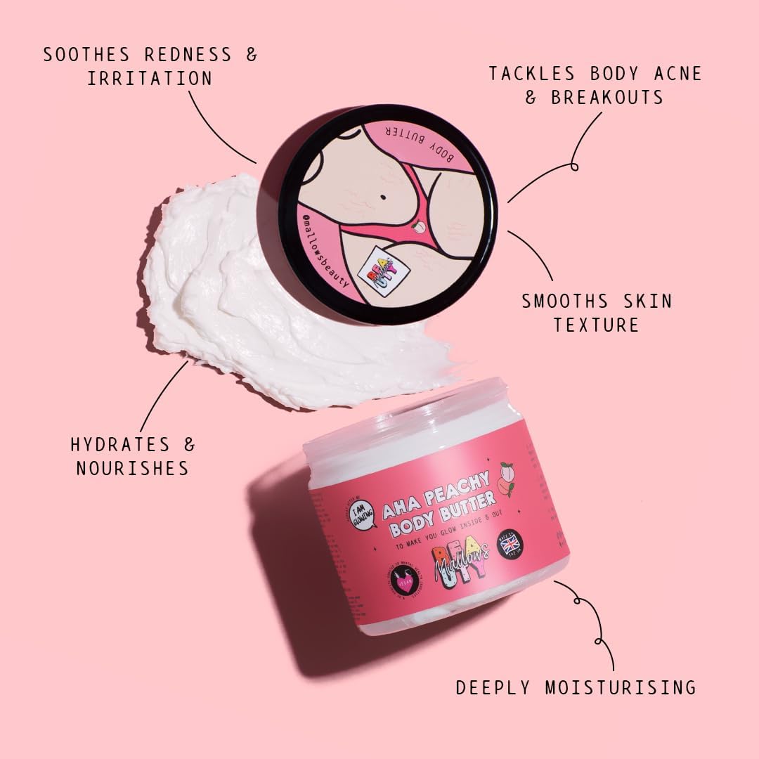 Mallows Beauty AHA Peachy Shea Body Butter with Essential Oils, Vitamin A, Vitamin E, and Shea Butter, Gently Exfoliates and Brightens Skin, Vegan, 180g