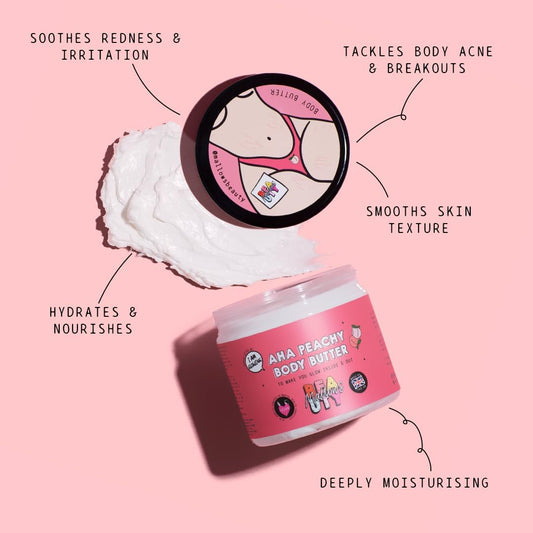 Mallows Beauty AHA Peachy Shea Body Butter with Essential Oils, Vitamin A, Vitamin E, and Shea Butter, Gently Exfoliates and Brightens Skin, Vegan, 180g