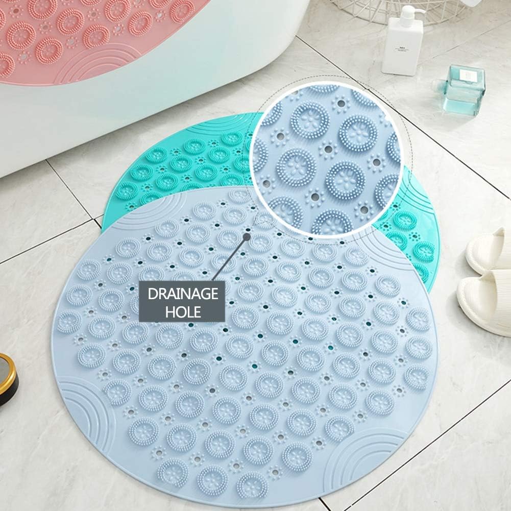 PVC Round Massage Bath Mat Non-Slip Shower Mat Bathroom Mat Machine Washable Bath Mat with Drainage Holes and Suction Cups, 55 x 55 cm, Blue