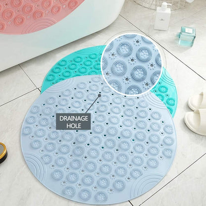 PVC Round Massage Bath Mat Non-Slip Shower Mat Bathroom Mat Machine Washable Bath Mat with Drainage Holes and Suction Cups, 55 x 55 cm, Blue