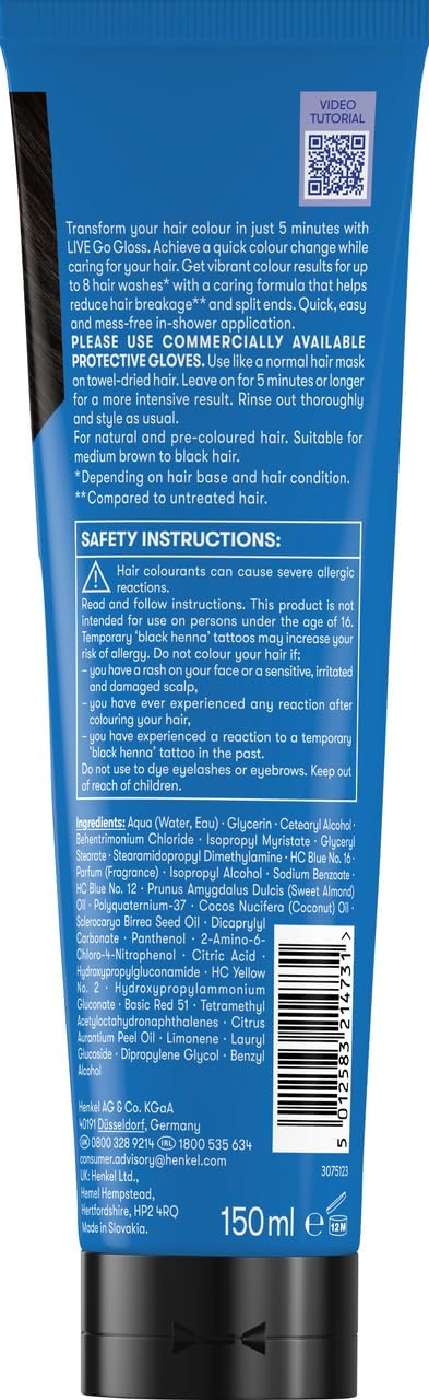 Schwarzkopf LIVE Go Gloss Onyx, Colour &amp; Care Hair Glossing for Instant Glossy Hair, with HaptiQ Anti-Damage System, Up to 8 Washes
