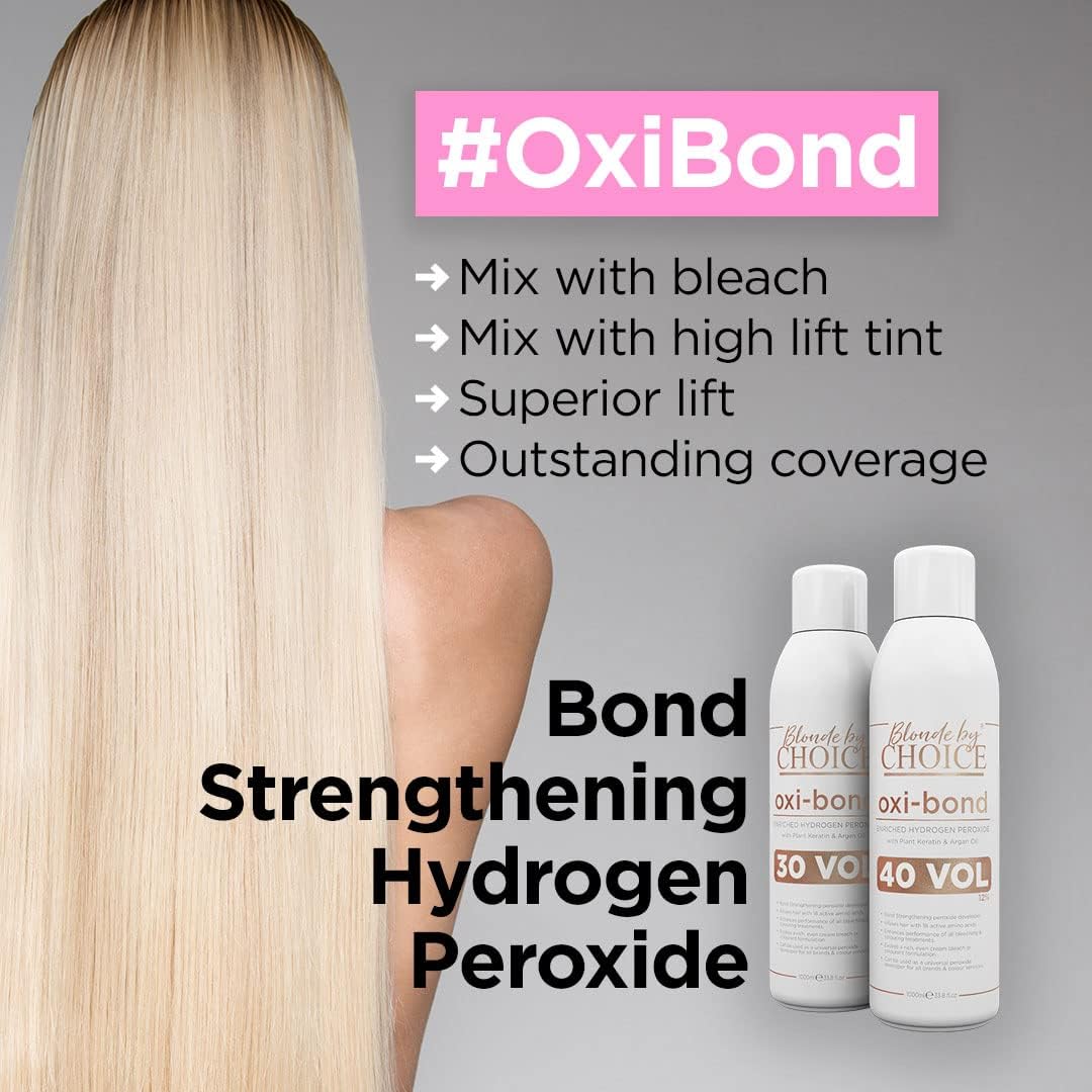 Blonde By Choice Oxi-bond 40 Vol Developer Enriched 12% Hydrogen Peroxide with Keratin, Argan Oil &amp; Amino Acids. Mix Hair Bleach Powder And Peroxide to Improve Hair Colouring or Bleaching 1000ml