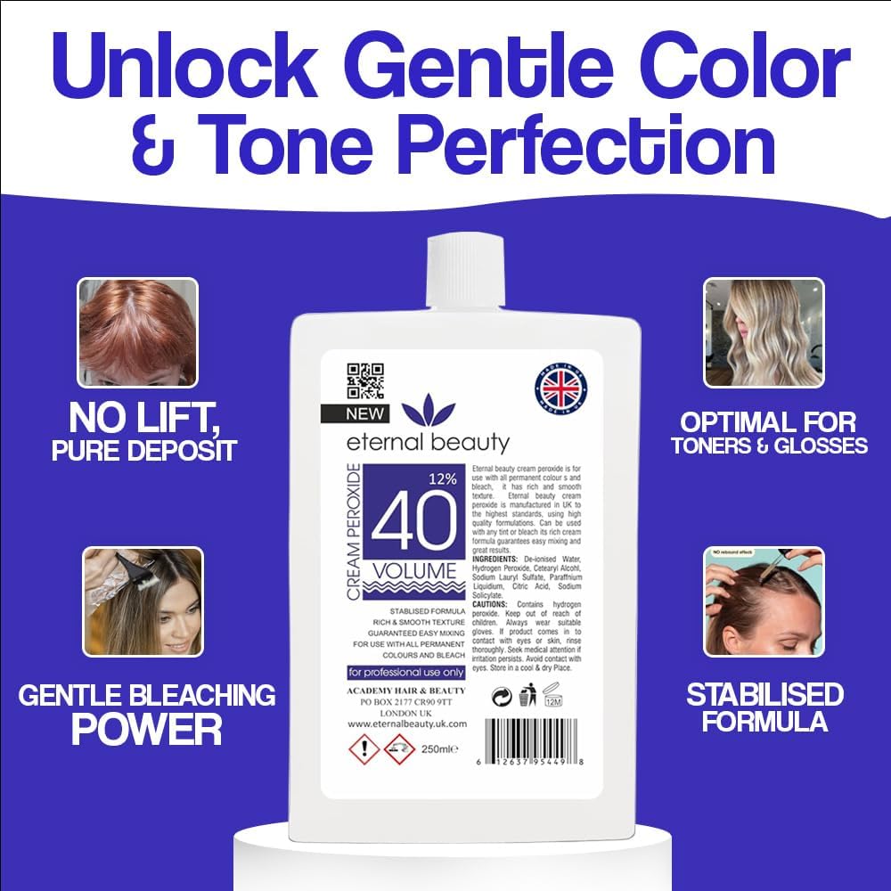 Creme Peroxide 12% (40 Volume) 250ml – Professional Hair Bleach Developer for Salon &amp; Home Use, Smooth Cream Formula for Safe, Even Lightening by Eternal Beauty