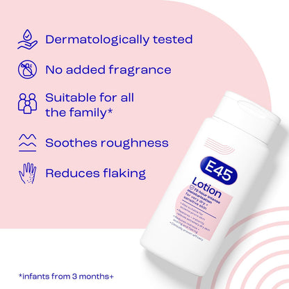 E45 Moisturising Lotion 200 ml, Daily Body Moisturiser for Dry &amp; Sensitive Skin, Long-Lasting Hydration to Soothe, Protect &amp; Restore Softness