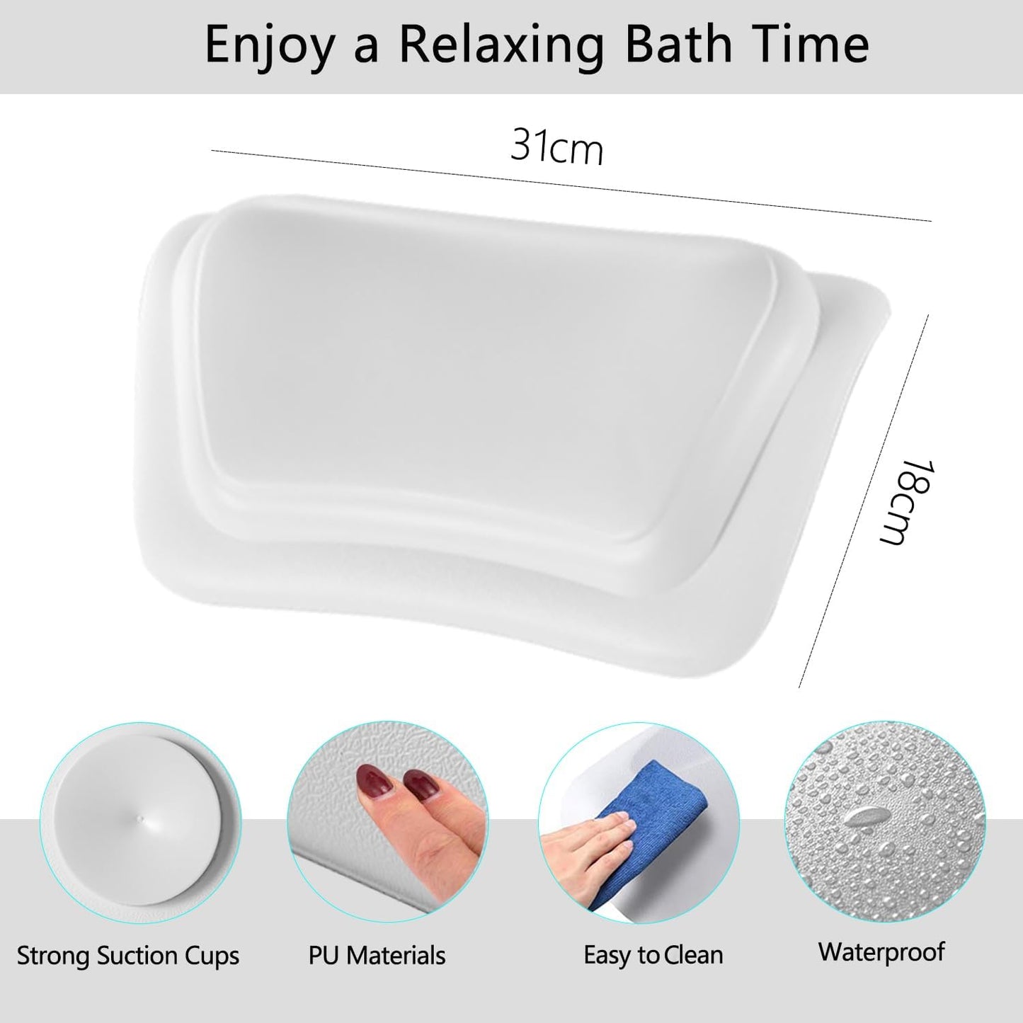 Bath Pillow for Bathtub - Waterproof &amp; 3D Ergonomic Headrest with 2 Strong Suction Cups, Non-Slip Spa Cushion for Neck &amp; Back Support, Comfortable Relaxation - White