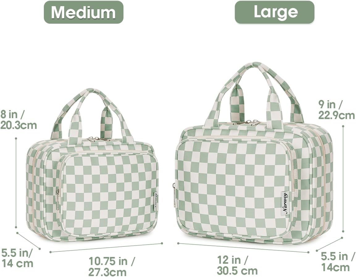 Narwey Large Checkered Hanging Travel Toiletry Bag for Women Wash Bag Cosmetics Makeup Bag Organizer for Full Size Accessories (Checkerboard Mint Green (Large))