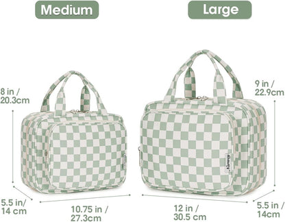 Narwey Large Checkered Hanging Travel Toiletry Bag for Women Wash Bag Cosmetics Makeup Bag Organizer for Full Size Accessories (Checkerboard Mint Green (Large))