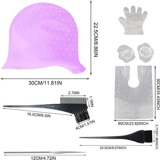 SKHAOVS 7 Pcs Silicone Highlight Cap Kit, Punched Hole Silicone Highlight Hair Cap with Needle Highlighting Frosting Cap for Color Salon Silicone Hairdressing Tools for Women Girls (Purple)