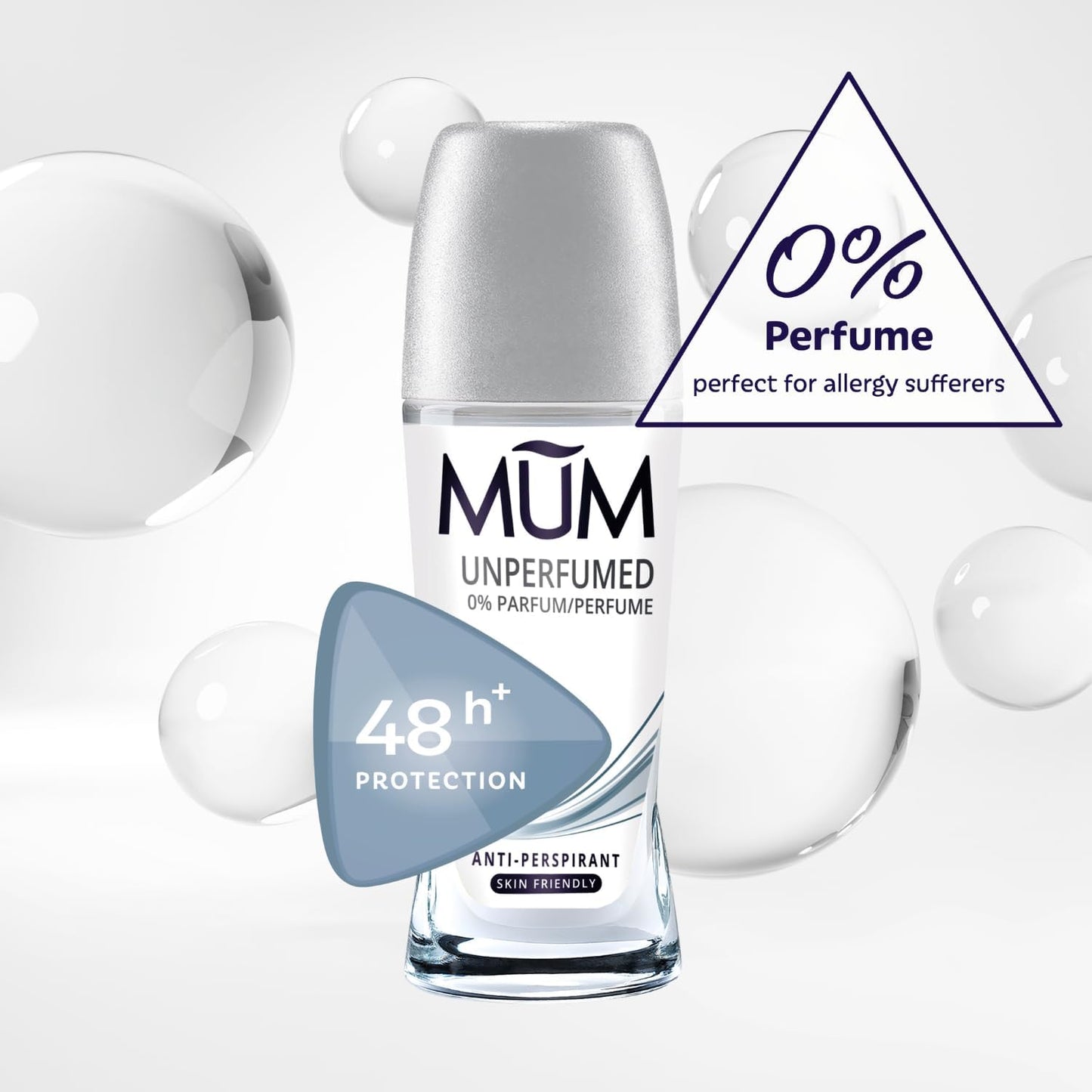 Mum Unperfumed Roll On Deodorant, 48 Hours Plus Protection, Alcohol Free Womens Mens Deodorant, Anti-Perspirant, Vegan, Sustainable Glass Bottle, Fragrance Free, 50 ml, Pack of 6