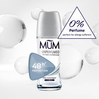 Mum Unperfumed Roll On Deodorant, 48 Hours Plus Protection, Alcohol Free Womens Mens Deodorant, Anti-Perspirant, Vegan, Sustainable Glass Bottle, Fragrance Free, 50 ml, Pack of 6