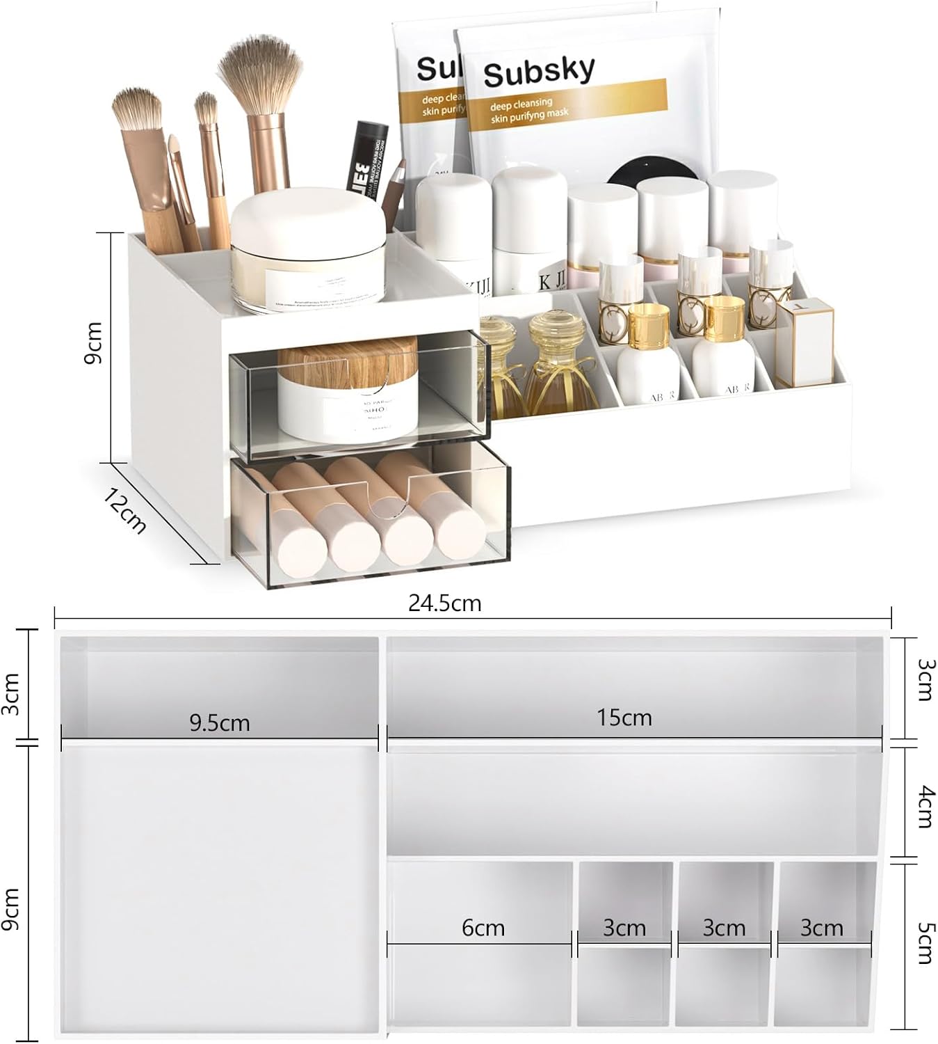Subsky Makeup Organiser Cosmetics Storage with Drawers, Skincare Organiser, Offices Multi-function Organizer, Sturdy Cosmetic Storage Box with Drawers, for Dresser, Bedroom, Bathroom, White