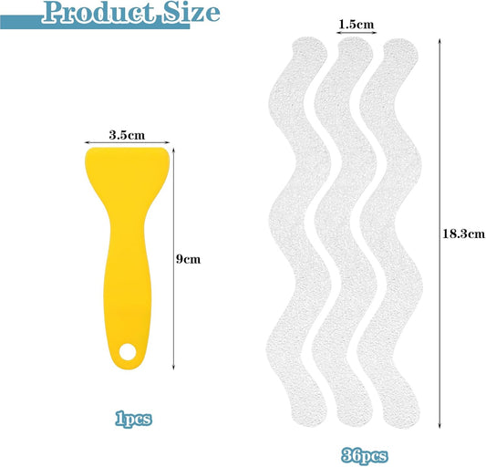 36PCS Non-Slip Strip Stickers for Bath and Shower, Wave Anti-Slip Strip with Scraper, Non Slip Bathtub Stickers for Stairs, Shower Room, Slippery Surfaces, Sauna, Kitchen-Transparent