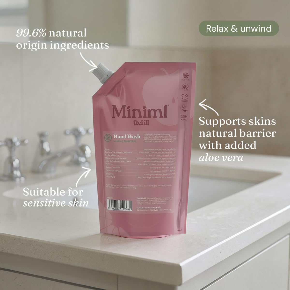 Miniml Hand Soap Wash Liquid 1L Refill - Cucumber &amp; Aloe Vera Infused Eco Friendly Hand Washing Gel for Soft and Sensitive Skin Care - 100% Vegan &amp; Cruelty Free