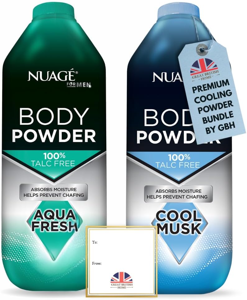 New Nuage Talc Free Body Powder for Men Bundle – 250g Cool Musk &amp; 250g Aqua Fresh – 2 Pk Talc Free Powder for Women &amp; Men – Anti-Chafing &amp; Fresh Skin by GBH