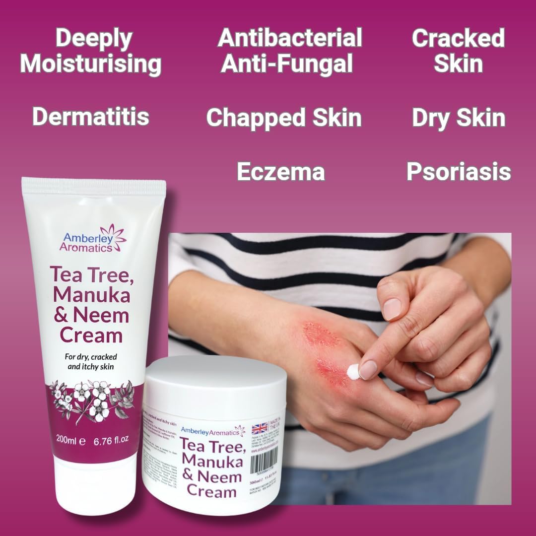 Tea Tree, Manuka &amp; Neem Cream (200ml) -Antibacterial, Anti-fungal, Antiseptic, Anti-Itch, Dry, Chapped &amp; Cracked Skin, Eczema, Psoriasis, Jock Itch, Fungal infections. Fast Effective Relief