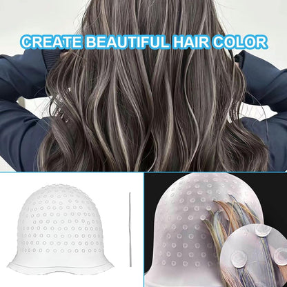Punched Hole Silicone Highlight Hair Cap with Needle, Reusable Highlight Hat with Hook, Hairdressing Dyeing Staining Tools Kit, Prepunched Highlights Cap for Hair Salon