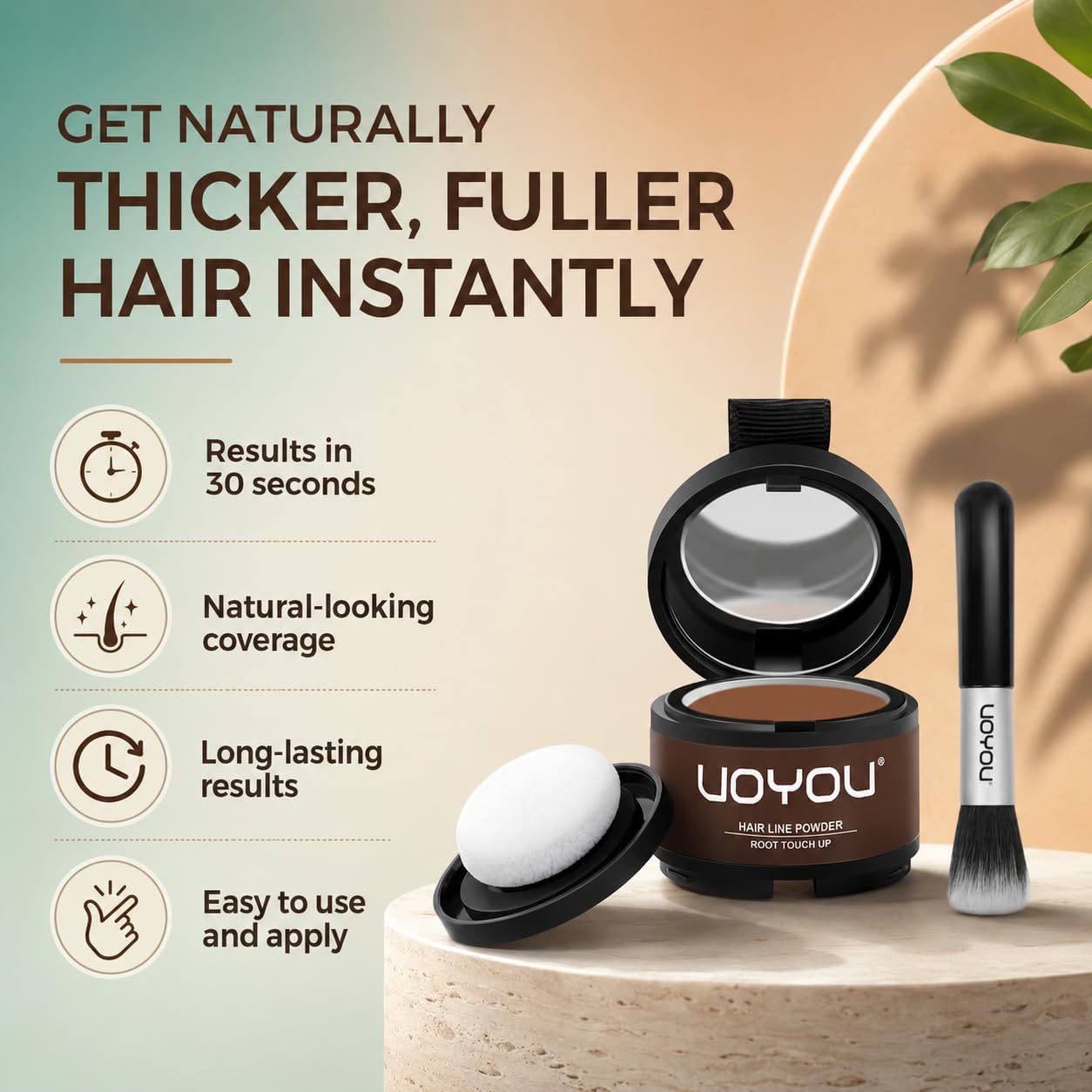 Root Touch Up Powder, Instantly Conceals Hair Loss &amp; Gray Roots, Water &amp; Sweat Resistant, Men &amp; Women's Thinning Hair Solution, Includes Brush (Dark Brown)