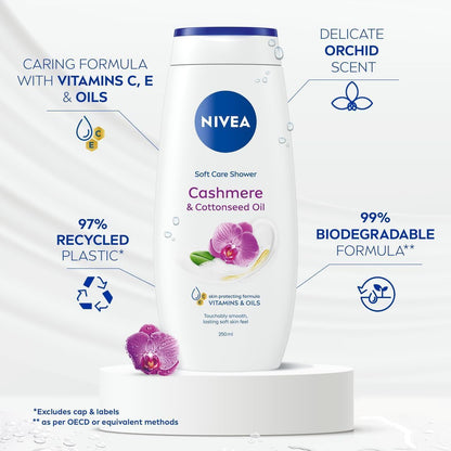 Nivea Cashmere &amp; Cotton Oil Shower Gel (250ml), Body Wash with Vitamin C, E, and Precious Oils, Protects Skin from Drying Out and Leaves it Touchably Smooth