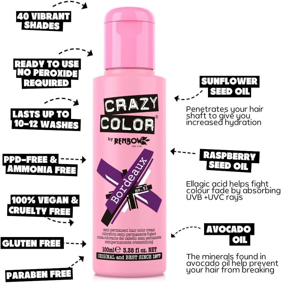 Crazy Color Vibrant Bordeaux Semi-Permanent Hair Dye. Highly Pigmented Plum Wine Conditioning &amp; Oil Nourishing Vegan Formula | No Bleach or Ammonia | 100ml