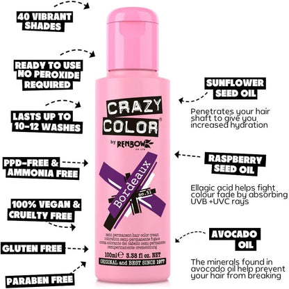 Crazy Color Vibrant Bordeaux Semi-Permanent Hair Dye. Highly Pigmented Plum Wine Conditioning &amp; Oil Nourishing Vegan Formula | No Bleach or Ammonia | 100ml