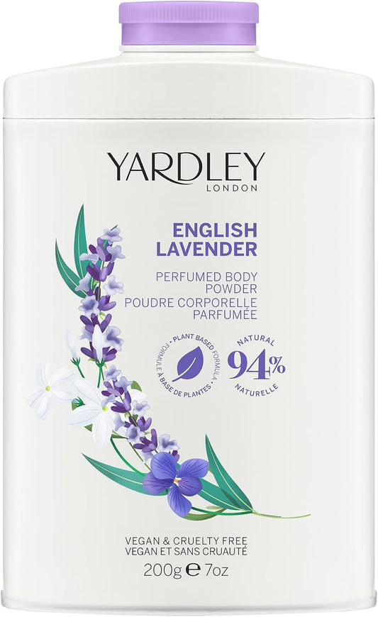 Yardley London English Lavender Perfumed Body Powder, Talcum Powder for Women to Help with Odour Control &amp; Chafing, English Lavender Dusting Powder, Vegan &amp; Cruelty Free, 200g