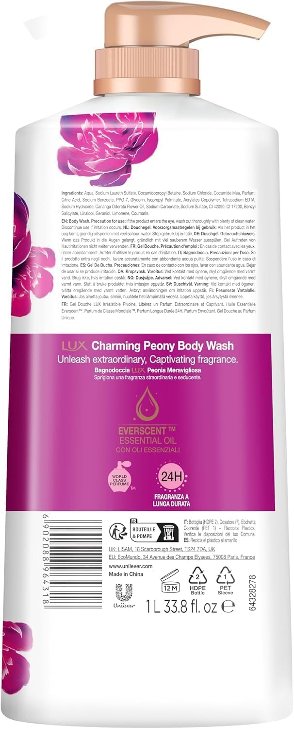 Lux Magical Orchid Body Wash 1L (1 Pack) &amp; Secret Poppy BodyWash 1L (1 Pack) &amp; Lux Charming Peony Body Wash 1L (1Pack) (Total 3 Packs)