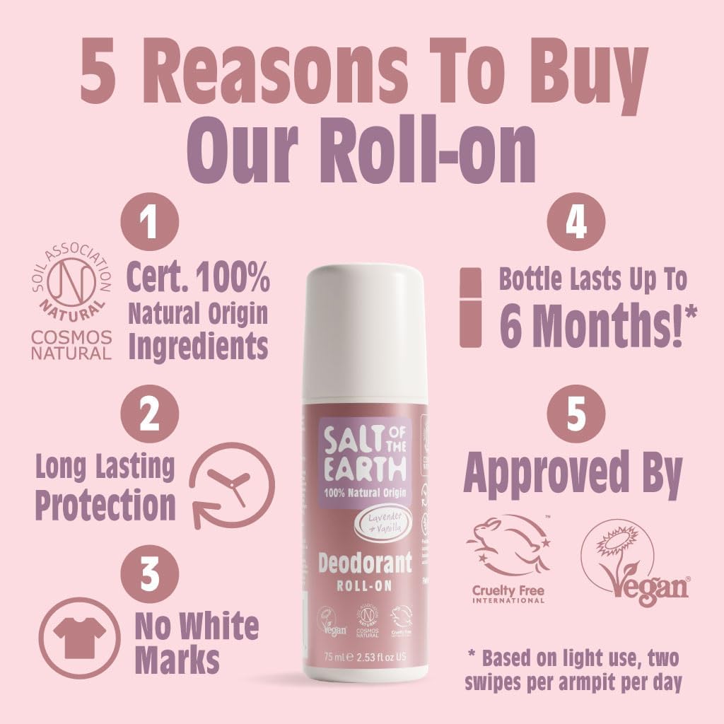 Salt of the Earth - Natural Deodorant Roll On - Lavender &amp; Vanilla - 100% Natural Origin Ingredients - Vegan -Suitable for Men, Women &amp; Kids - 75ml