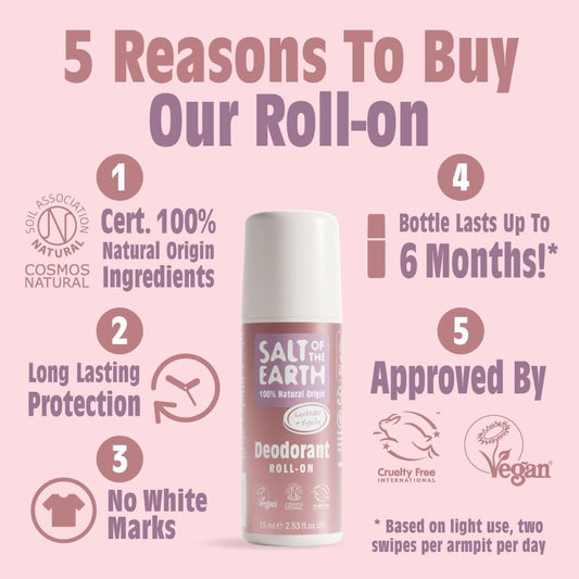 Salt of the Earth - Natural Deodorant Roll On - Lavender &amp; Vanilla - 100% Natural Origin Ingredients - Vegan -Suitable for Men, Women &amp; Kids - 75ml