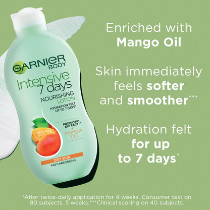Garnier Intensive 7 Days Mango Oil &amp; Probiotic Extract Body Lotion 400ml, Softening and Smoothing Moisturiser, Up to 7 Days Hydration, For Dry Skin, Fast Absorbing &amp; Non Greasy