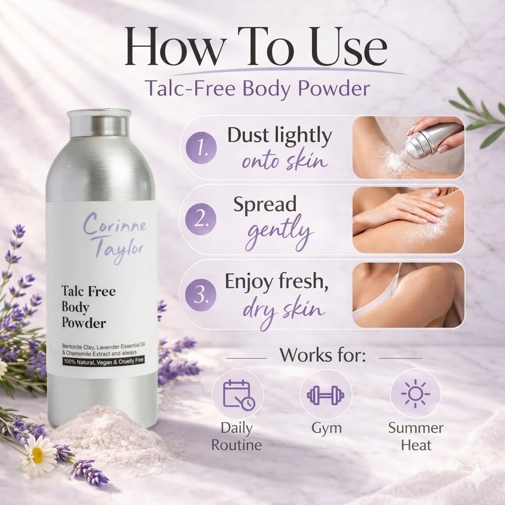 Corinne Taylor Organic Talc-Free Body Powder with Lavender &amp; Chamomile – Natural Dusting Powder for Anti-Sweat, Anti-Chafing &amp; Sensitive Skin – Gentle Absorbent Powder 85g