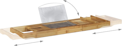 Relaxdays Bamboo Bathtub Caddy, Wooden Bathroom Rack with Bookstand, Extendable, HWD: 19 x 107.5 x 23 cm, Natural