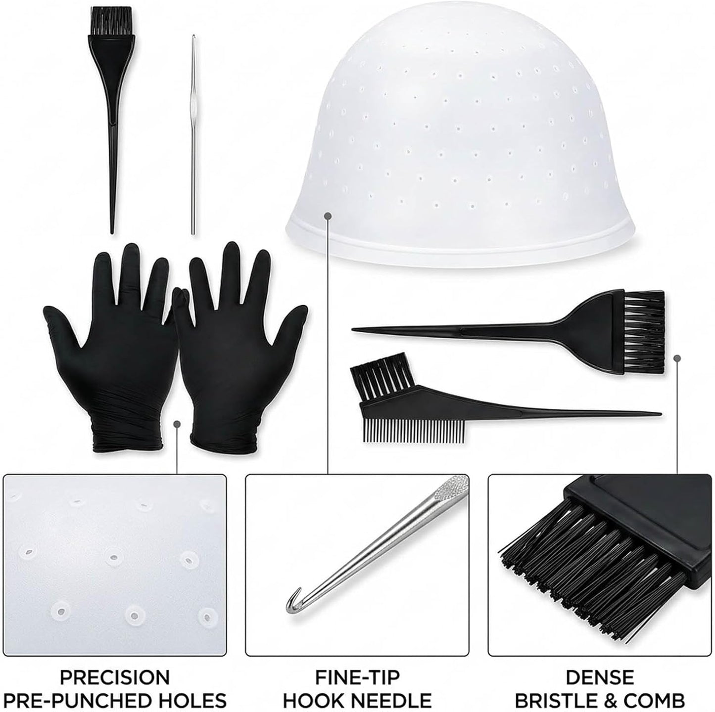 Professional 6 PCS Highlighting Kit, Highlighting Cap and Hook, Reusable Highlight Hat with Hook, Professional Reusable Highlighting Caps for Home and Salon Use, Effortless DIY