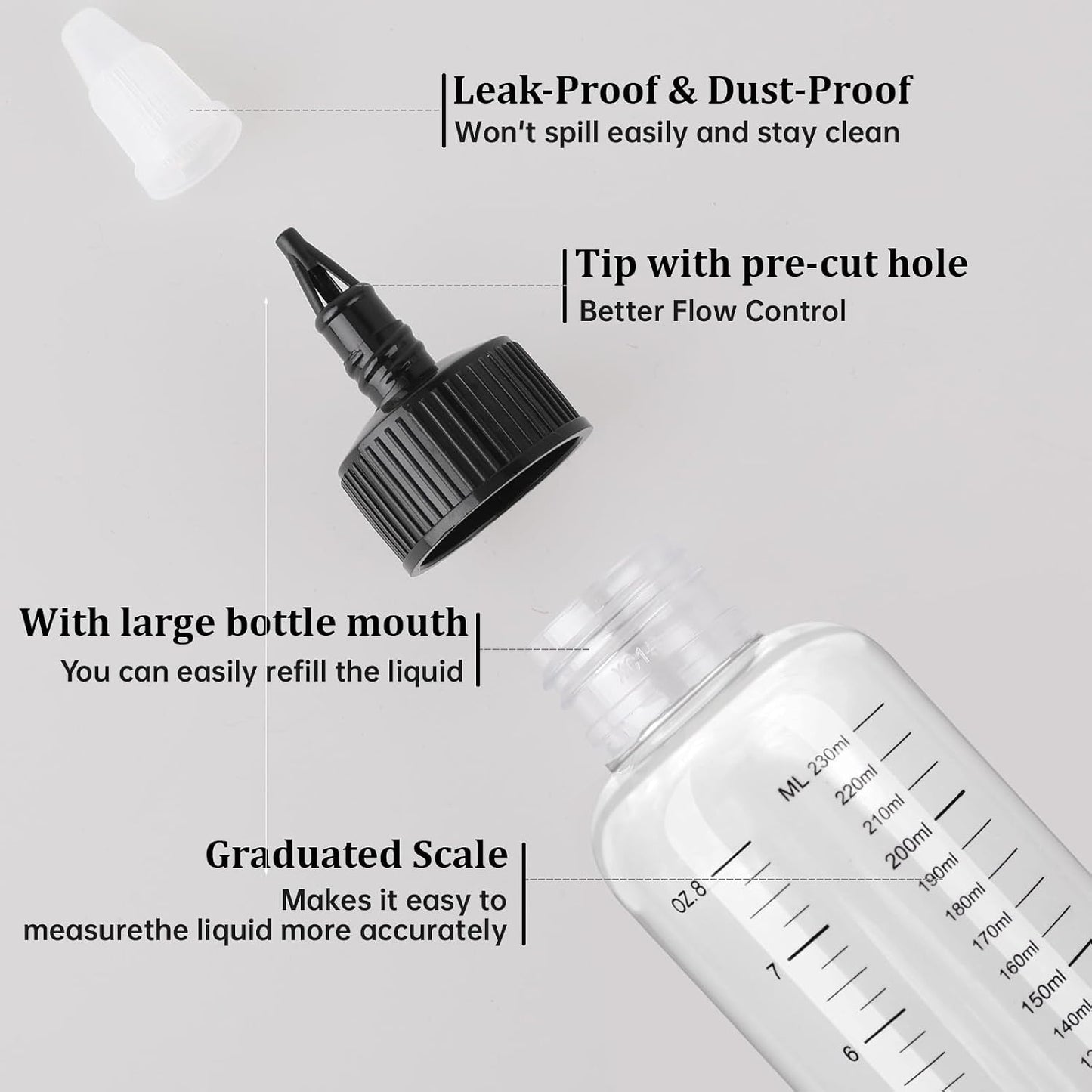 2 Pack Hair Oil Applicator Bottle 8.1oz/230ml Applicator Bottle for Hair Plastic Squeeze Bottle Root Hairs Dye Plastic Refillable Bottles with Twist-On Top Tip Capfor Salon with Clear Graduated Scale