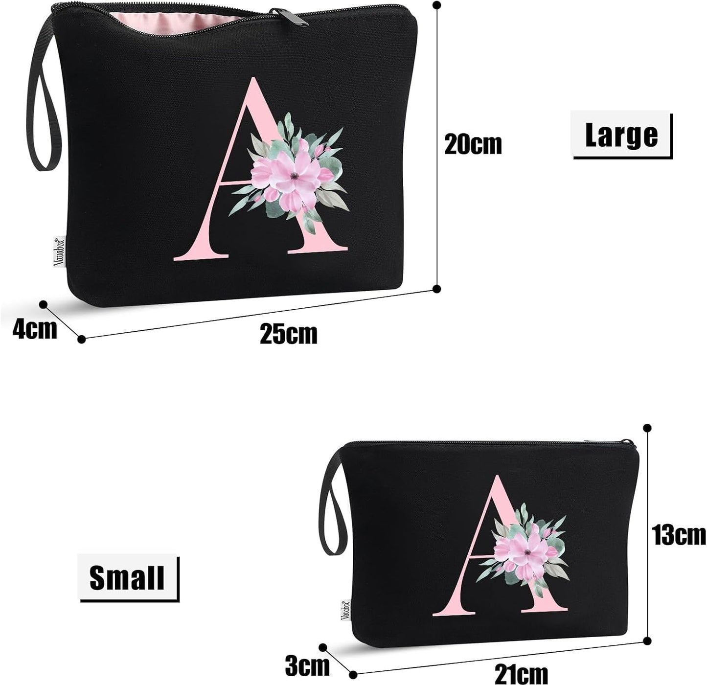 Vavabox 2 Pcs Initial Toiletry Bags Set,Birthday Gifts for Women,Travel Portable Toiletry Bag with Handle (S, Black)