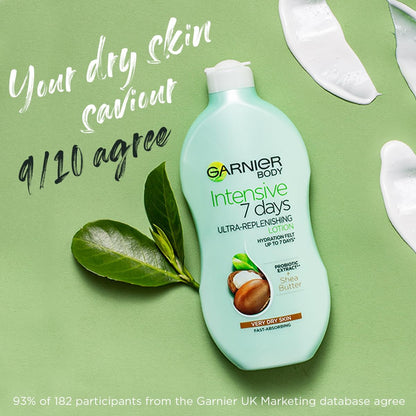 Garnier Intensive 7 Days Shea Butter &amp; Probiotic Extract Body Lotion 400ml, Ultra Replenishing Soothing Moisturiser, Up to 7 Days Hydration, For Very Dry Skin, Fast Absorbing &amp; Non Greasy