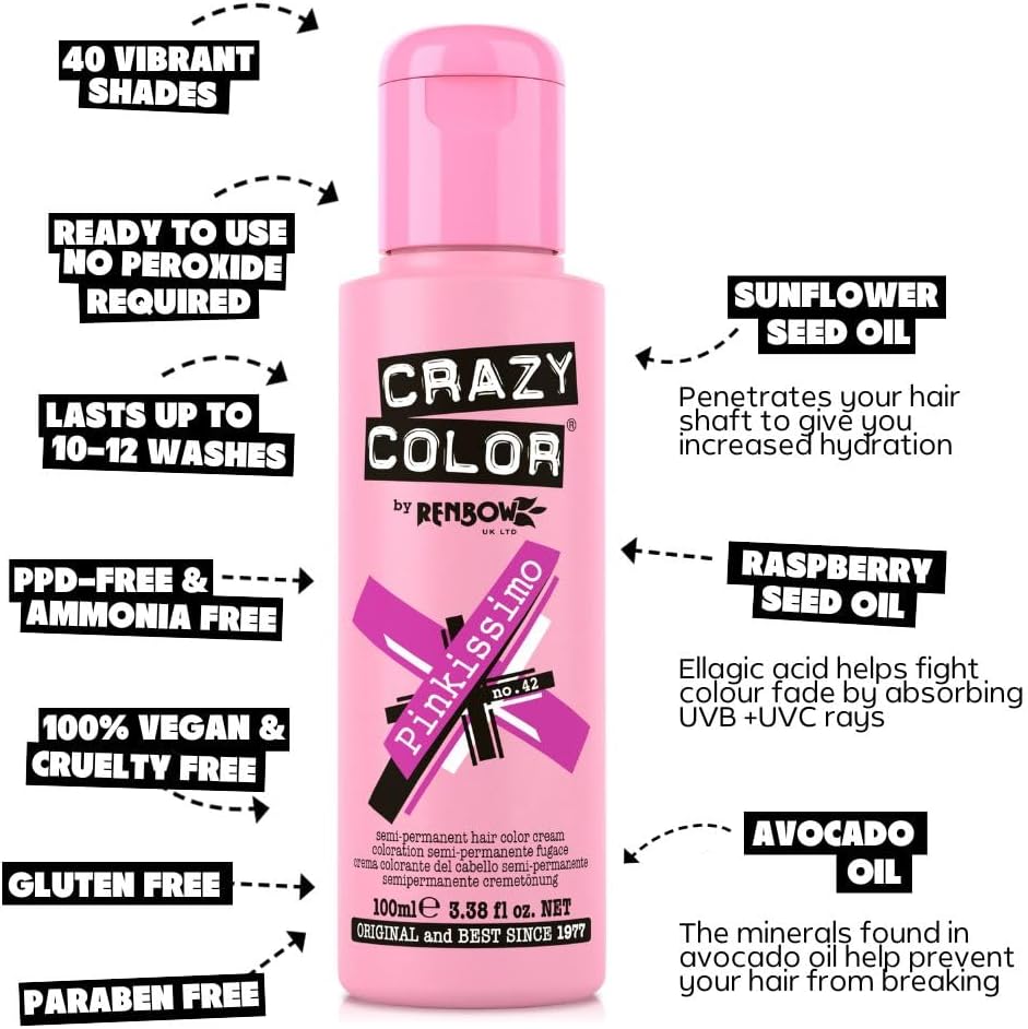 Crazy Color Vibrant Pinkissimo Semi-Permanent Hair Dye Duo. Highly Pigmented Magenta Conditioning &amp; Oil Nourishing Vegan Formula | No Bleach or Ammonia | 200ml