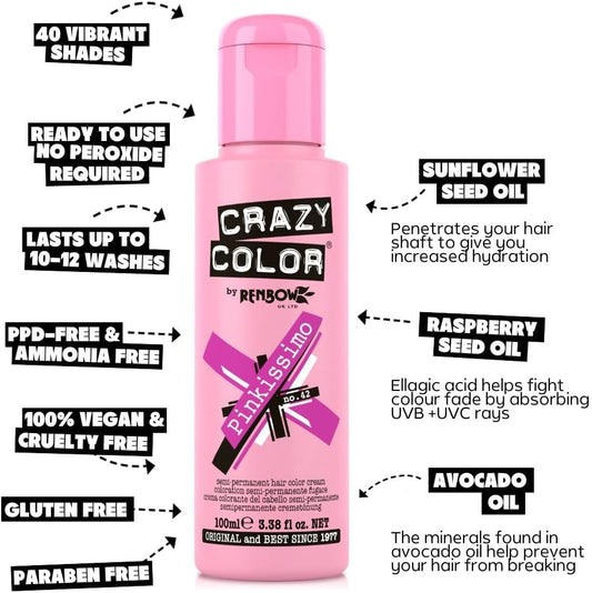 Crazy Color Vibrant Pinkissimo Semi-Permanent Hair Dye Duo. Highly Pigmented Magenta Conditioning &amp; Oil Nourishing Vegan Formula | No Bleach or Ammonia | 200ml