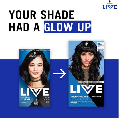 Schwarzkopf LIVE Intense Colour 099 Deep Black, Long-lasting Permanent Black Hair Dye, With Extra Colour Refresh Gloss