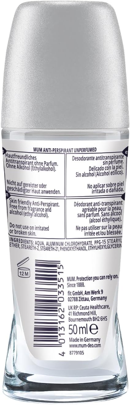 Mum Unperfumed Roll On Deodorant, 48 Hours Plus Protection, Alcohol Free Womens Mens Deodorant, Anti-Perspirant, Vegan, Sustainable Glass Bottle, Fragrance Free, 50 ml, Pack of 6