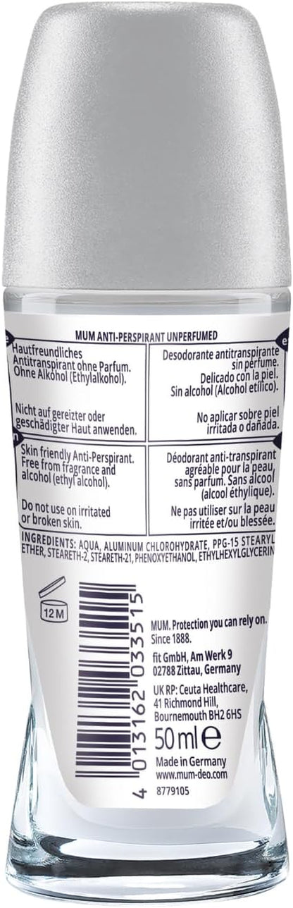 Mum Unperfumed Roll On Deodorant, 48 Hours Plus Protection, Alcohol Free Womens Mens Deodorant, Anti-Perspirant, Vegan, Sustainable Glass Bottle, Fragrance Free, 50 ml, Pack of 6