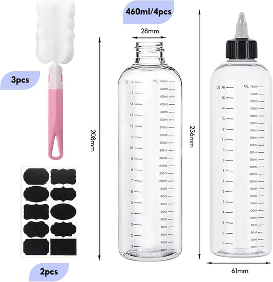 4 Pcs Hair Oil Applicator Bottle with Tip, 500 ML Hair Dye Colored Squeeze Bottle with Twist, Cup Brush, Label for Hair Colouring Paint Mixing Essential Oil Dispensing