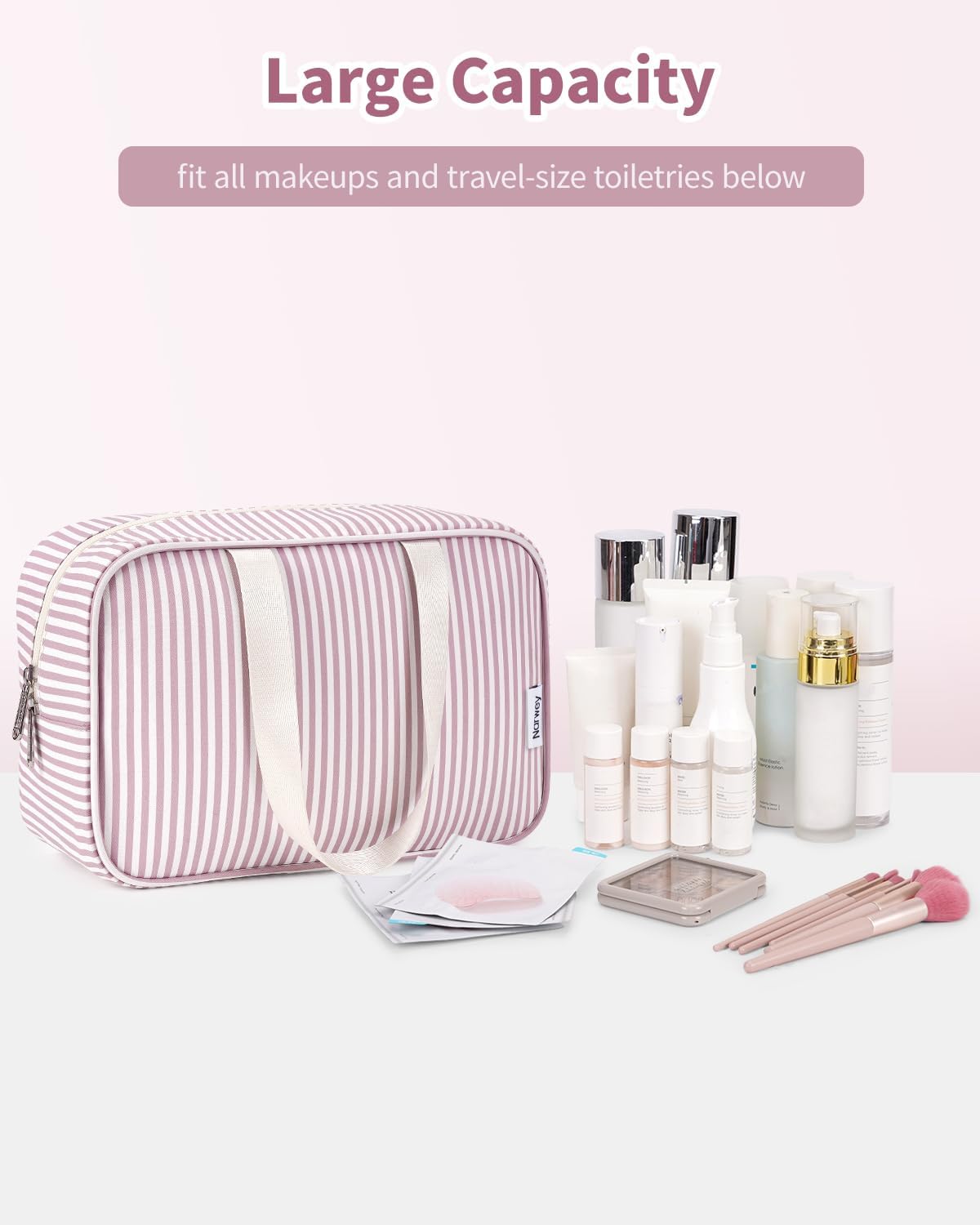 Narwey Toiletry Bag, Large Toiletry Bags for Women, Full Size Wash Bag Women, Large Makeup Bag Portable Toiletries Bag for Travel, Make up Cosmetic Organizer for Essentials (Dusty Rose Stripe)