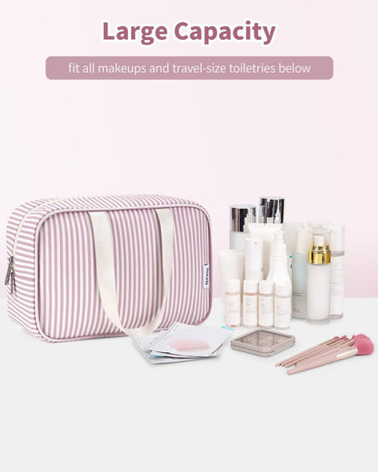 Narwey Toiletry Bag, Large Toiletry Bags for Women, Full Size Wash Bag Women, Large Makeup Bag Portable Toiletries Bag for Travel, Make up Cosmetic Organizer for Essentials (Dusty Rose Stripe)