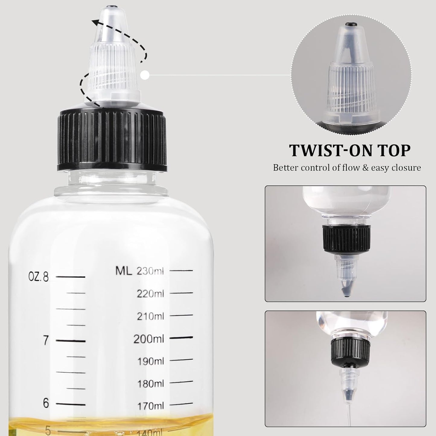 2 Pack Hair Oil Applicator Bottle 8.1oz/230ml Applicator Bottle for Hair Plastic Squeeze Bottle Root Hairs Dye Plastic Refillable Bottles with Twist-On Top Tip Capfor Salon with Clear Graduated Scale