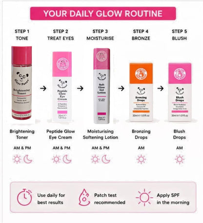 Dizzy Panda Glow &amp; Bronze Beauty Bundle – Bronzing Drops, Blush Drops, Brightening Toner, Peptide Eye Cream &amp; Moisturising Lotion