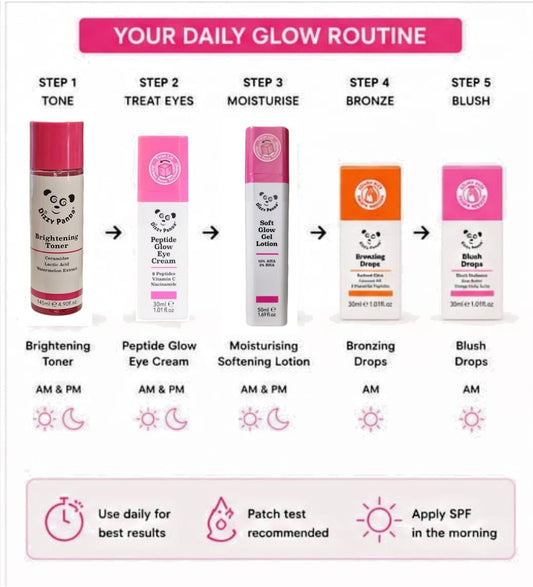 Dizzy Panda Glow &amp; Bronze Beauty Bundle – Bronzing Drops, Blush Drops, Brightening Toner, Peptide Eye Cream &amp; Moisturising Lotion